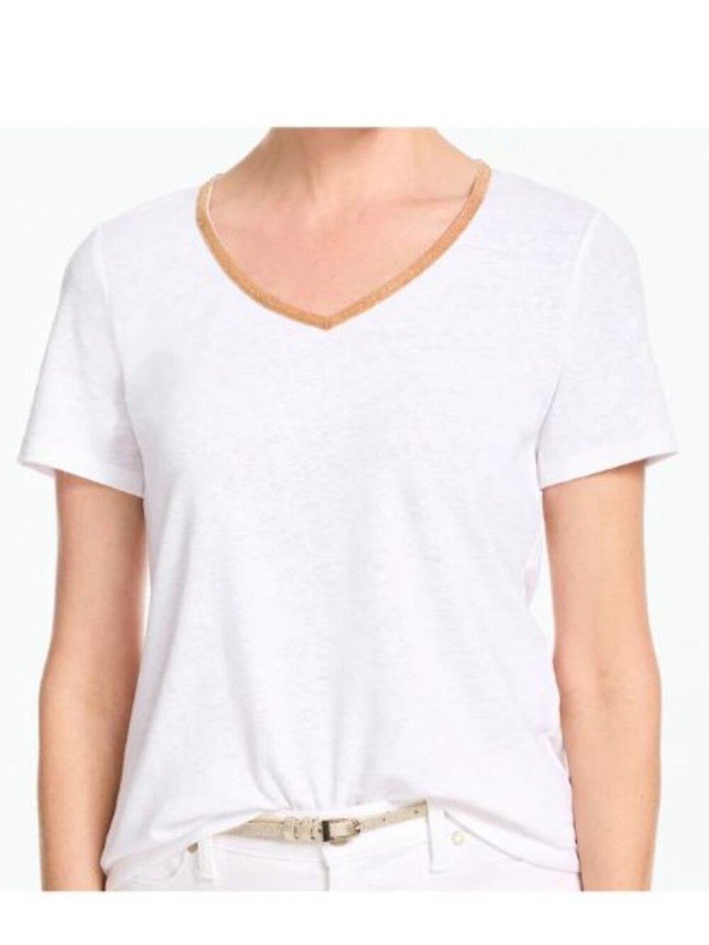 NWT TALBOTS Beaded Linen Blend V-Neck Tee - WHITE SIZE PM LINEN NEW $64